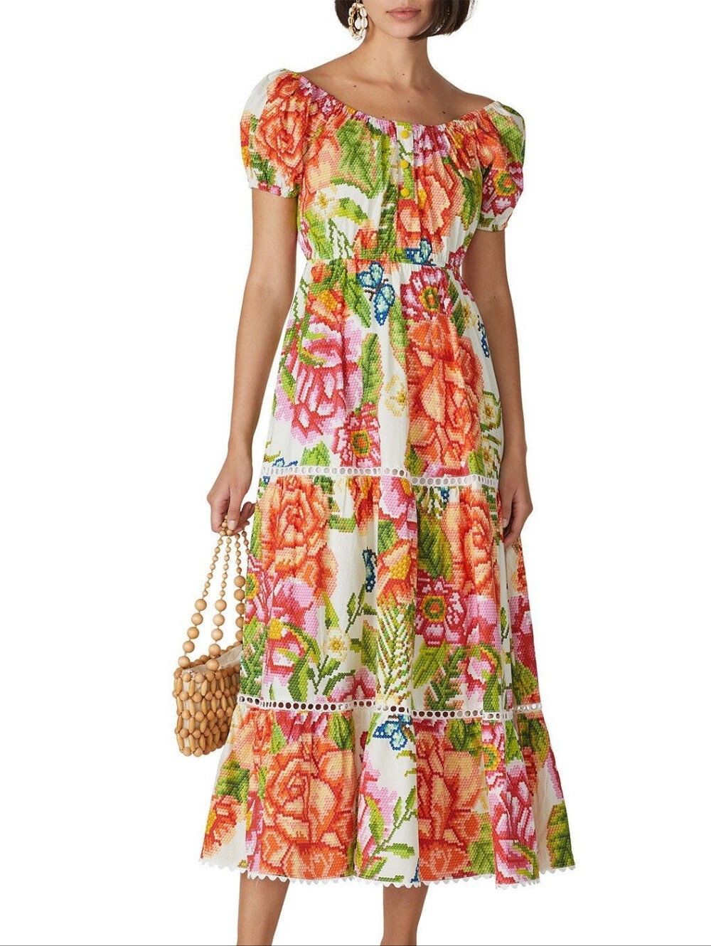 FARM RIO Macie Cross-Stitch Floral Tiered Maxi Dress Puff Sleeve- NWOT